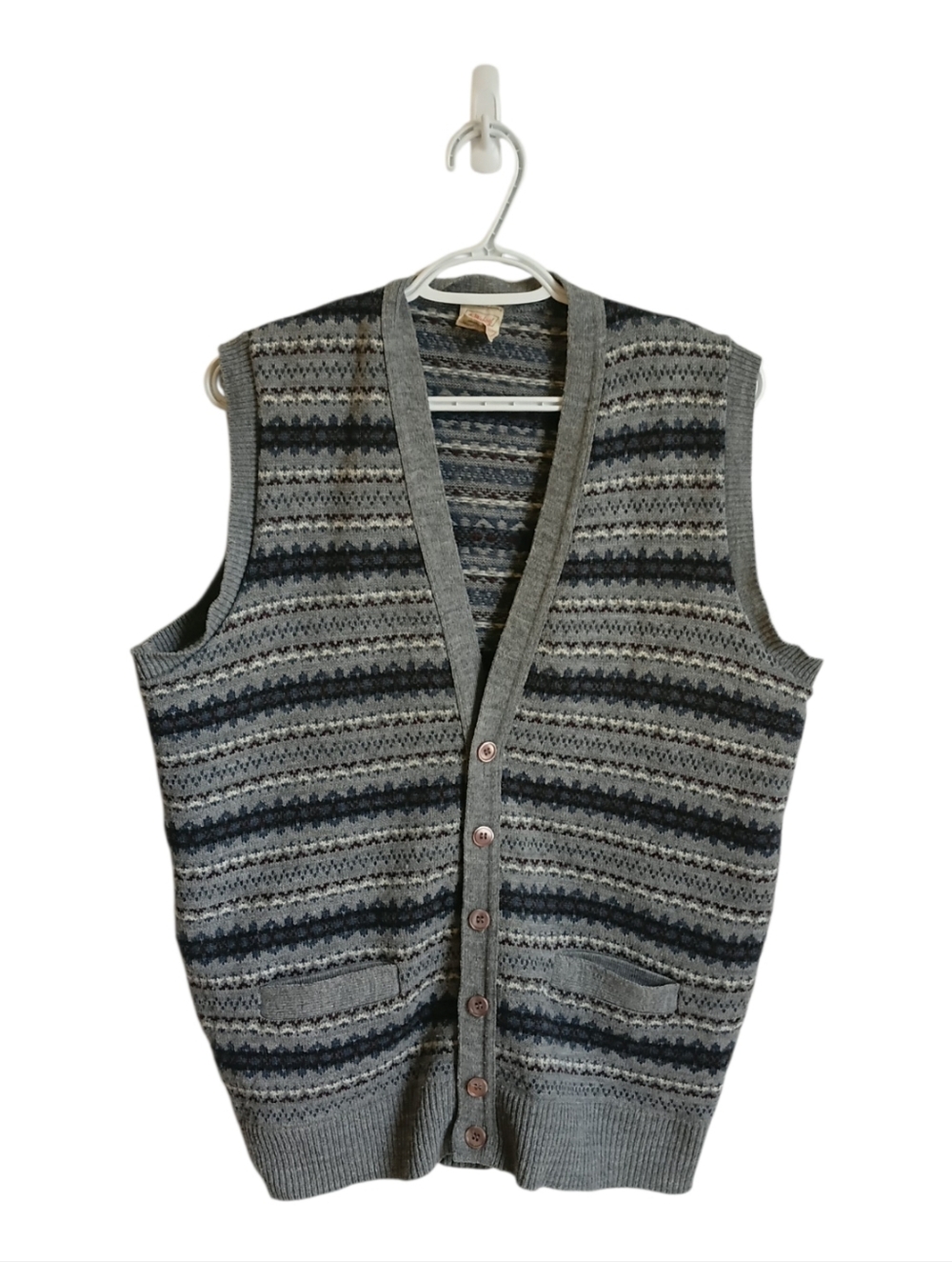 Vintage 70's 80's Grey Patterned Knit Button-Up Vest St Micheal Grandpacore XL